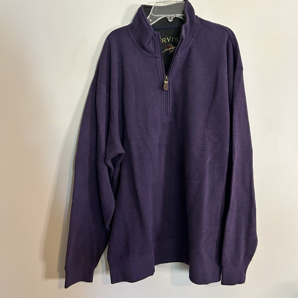 Orvis Sweater Mens L Purple 100% Wool 1/4 Zip Lightweight Pullover Fly Fishing